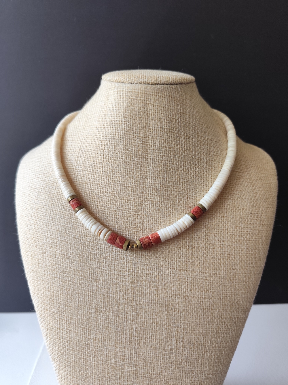 Vintage Polished Puka Shell Red Coral Beading Boho Necklace Choker 1/20 12KT GF